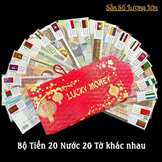 Sỉ Bộ Tiền 20 Tờ 20 Nước (Quốc Gia) tặng kèm túi gấm nhung đỏ, sang trong, tiền lì xì tết giá sỉ - giá bán buôn