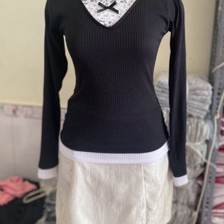 Áo thun body tay dài phối ren nơ xinh xắn
