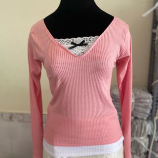 Áo thun body tay dài phối ren nơ xinh xắn