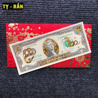 Tờ tiền 2 đô mạ vàng hình con Rắn kèm bao lì xì đỏ may mắn, lì xì Tết. giá sỉ - giá bán buôn