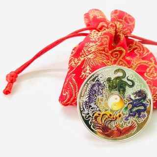 Sỉ xu tứ linh mạ bạc in màu 3D tặng kèm túi gấm đỏ, lì xì Tết. giá sỉ - giá bán buôn