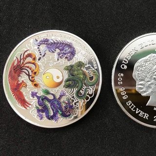Sỉ xu tứ linh mạ bạc in màu 3D tặng kèm túi gấm đỏ, lì xì Tết. giá sỉ - giá bán buôn