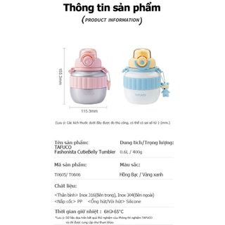 Bình giữ nhiệt TAFUCO 600ml Inox 316 Fashionista CutieBelly Tumbler (hồng bạc, vàng xanh)