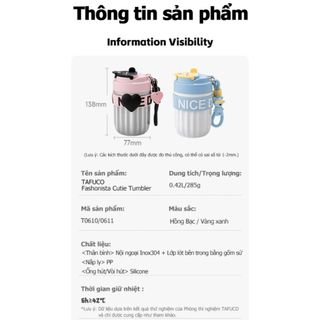 Ly giữ nhiệt TAFUCO 420ml Inox 304 + Tráng sứ Fashionista Cutie Tumbler (hồng bạc, vàng xanh)