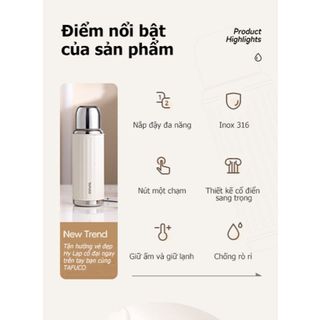 Bình giữ nhiệt có nút bấm TAFUCO Ionic One Touch 480ml Inox 316 (Tím Pastel, Trắng kem)