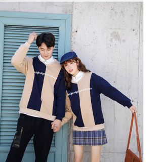 áo sweater xanh đen phối cà phê sữa tay dài logo thêu - giá sỉ - giá buôn