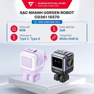 Sạc nhanh Ugreen Robot CD361 35314 3 cổng Tím/ Sạc nhanh Ugreen Robot CD361 15570 3 cổng USB-C và USB-A GaN 65W (Xám)