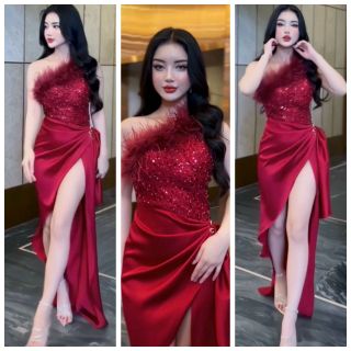 ĐẦM BODY LỆCH VAI KIM SA PHỐI LÔNG SIÊU SANG CHẢNH