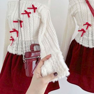 SÉT ÁO LEN THỎ BẸT VAI ĐÍNH NƠ PHỐI VÁY NHUNG 2 TẦNG (CÓ QUẦN TRONG)