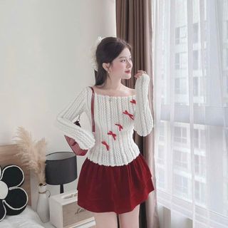 SÉT ÁO LEN THỎ BẸT VAI ĐÍNH NƠ PHỐI VÁY NHUNG 2 TẦNG (CÓ QUẦN TRONG)