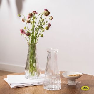 Bình hoa thủy tinh dáng trụ sọc bo cổ, đế dày, lọ hoa thủy tinh, bình bông thủy tinh Thanh Xuân TXG cắm hoa, decor