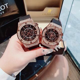 HOT DEAL ĐỒNG HỒ NAM NỮ THỜI TRANG HUB DÂY CAO SU MẶT TRÒN GIẢ CƠ GẮN ĐÁ 14