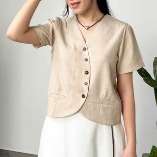 Áo lửng fom suông tay ngắn nút gỗ