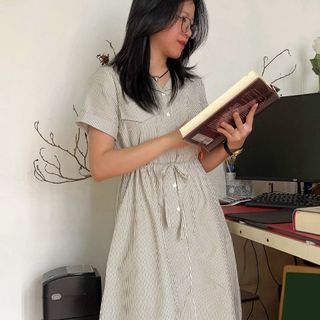 Đầm sơ mi dáng dài cổ Danton tay ngắn sọc dọc ( by Lemme)