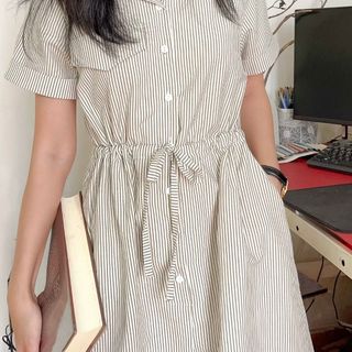 Đầm sơ mi dáng dài cổ Danton tay ngắn sọc dọc ( by Lemme)