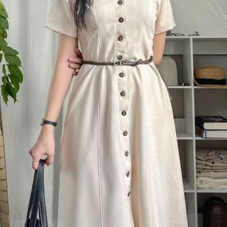 Đầm sơ mi công sở dáng dài cổ sen tròn nút gỗ tay ngắn-Lemme