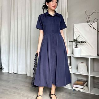 Đầm sơ mi chiết eo dáng dài tay ngắn