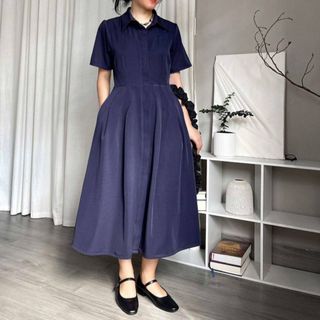 Đầm sơ mi chiết eo dáng dài tay ngắn
