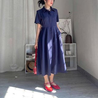 Đầm sơ mi chiết eo dáng dài tay ngắn