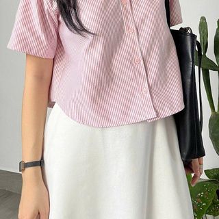 Áo sơ mi fom lửng croptop cổ sen