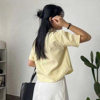 Áo sơ mi fom lửng croptop cổ sen