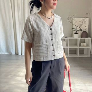Áo kiểu nữ fom lửng vải bố tweed mỏng, dáng suông
