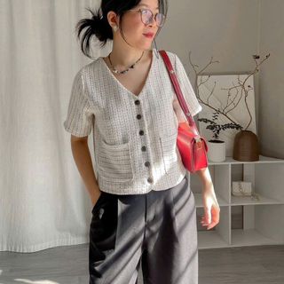 Áo kiểu nữ fom lửng vải bố tweed mỏng, dáng suông