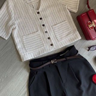Áo kiểu nữ fom lửng vải bố tweed mỏng, dáng suông