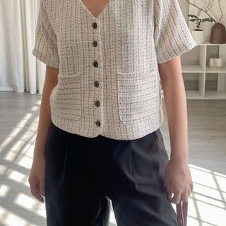 Áo kiểu nữ fom lửng vải bố tweed mỏng, dáng suông