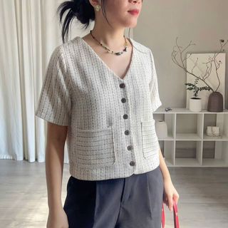Áo kiểu nữ fom lửng vải bố tweed mỏng, dáng suông