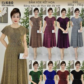 Đầm midi trung niên dáng chữ A che khuyết điểm, dự tiệc sang trọng vải thun nhũ cao cấp đính đá, tặng mẹ co giãn tốt bigsize M680