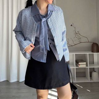 Áo khoác dạ Tweed nữ 2 lớp nút bọc