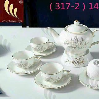 BỘ BÌNH TRÀ CHÉN SỨ HOA NHỦ VIỀN VÀNG KÈM KHAY