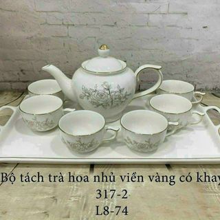 BỘ BÌNH TRÀ CHÉN SỨ HOA NHỦ VIỀN VÀNG KÈM KHAY