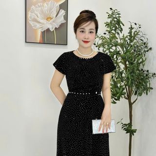 Đầm MAXI trung niên dáng chữ A che khuyết điểm, dự tiệc sang trọng vải thun nhũ cao cấp đính đá, tặng mẹ co giãn tốt bigsize M681