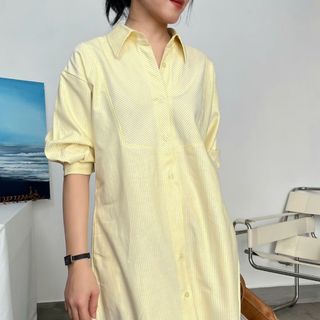 Đầm sơ mi fom rộng tay lửng phối sọc xoắn lưng