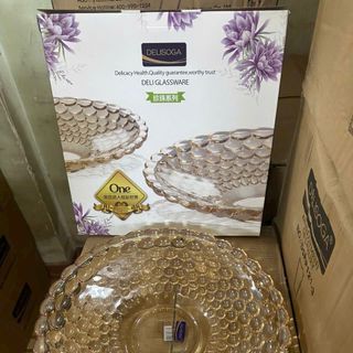 ĐĨA THỦY TINH PHA LÊ VÀNG 37CM HỌA TIẾT CHẤM BI