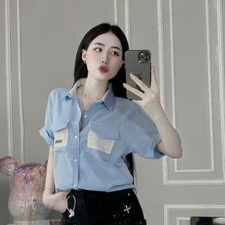Áo sơ mi nam nữ ngắn tay phối họa tiết túi áo giá sỉ