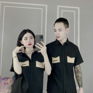 Áo sơ mi nam nữ ngắn tay phối họa tiết túi áo
