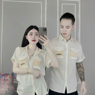 Áo sơ mi nam nữ ngắn tay phối họa tiết túi áo