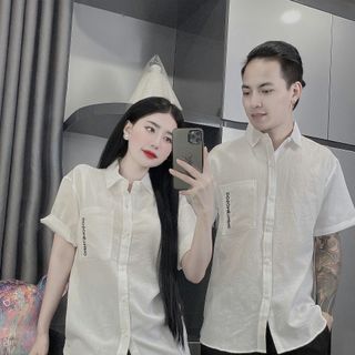 Áo sơ mi nam nữ ngắn tay vải đũi dày dặn - Màu trắng, đen