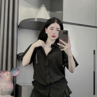 Áo sơ mi vải đũi dày dặn - Trắng/Đen