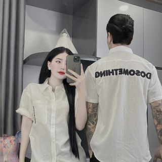 Áo sơ mi vải đũi dày dặn - Trắng/Đen