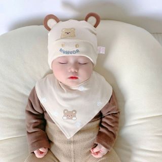 Set Mũ yếm Tai Gấu Tròn Bằng Vải cotton Nguyên Chất Thời Trang Mùa Thu 2024 Cho Bé Trai / Gái từ 0-12 Tháng Tuổi