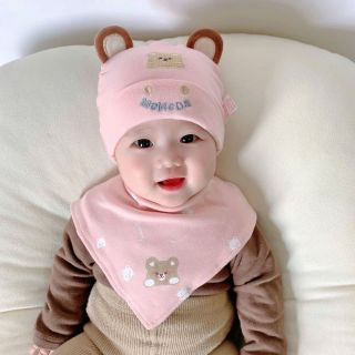 Set Mũ yếm Tai Gấu Tròn Bằng Vải cotton Nguyên Chất Thời Trang Mùa Thu 2024 Cho Bé Trai / Gái từ 0-12 Tháng Tuổi