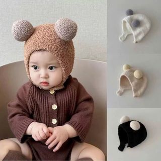 Mũ Len Lông Cục Bông 2 Lớp - Mũ Lông Xù Hai Quả Bông Có Dây Buộc Đáng Yêu Cho Bé