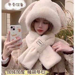 Mũ len nữ trùm dầu kèm khăn tai thỏ mùa đông ấm áp Nón lông dễ thương thời trang thanh lịch