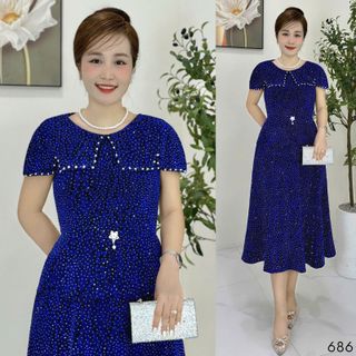Đầm midi trung niên  dự tiệc - công sở, vải thun nhũ cao cấp đính đá, tặng mẹ co giãn tốt bigsize M686