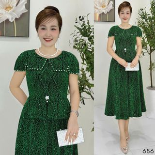 Đầm midi trung niên  dự tiệc - công sở, vải thun nhũ cao cấp đính đá, tặng mẹ co giãn tốt bigsize M686