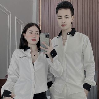 Áo sơ mi dài tay cặp đôi phối cổ, tay - vải cotton lạnh